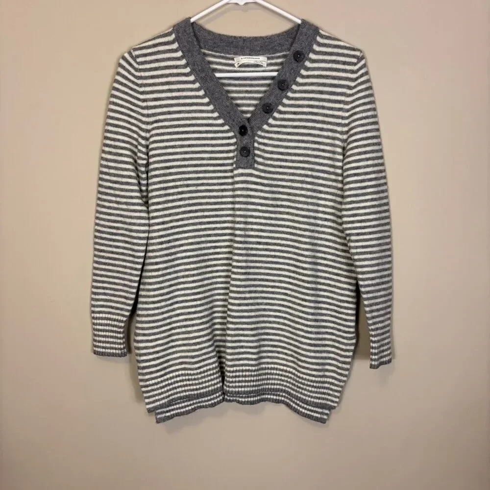 Anthropologie Grey and White Striped Button Henley Pullover‎ Sweater XS